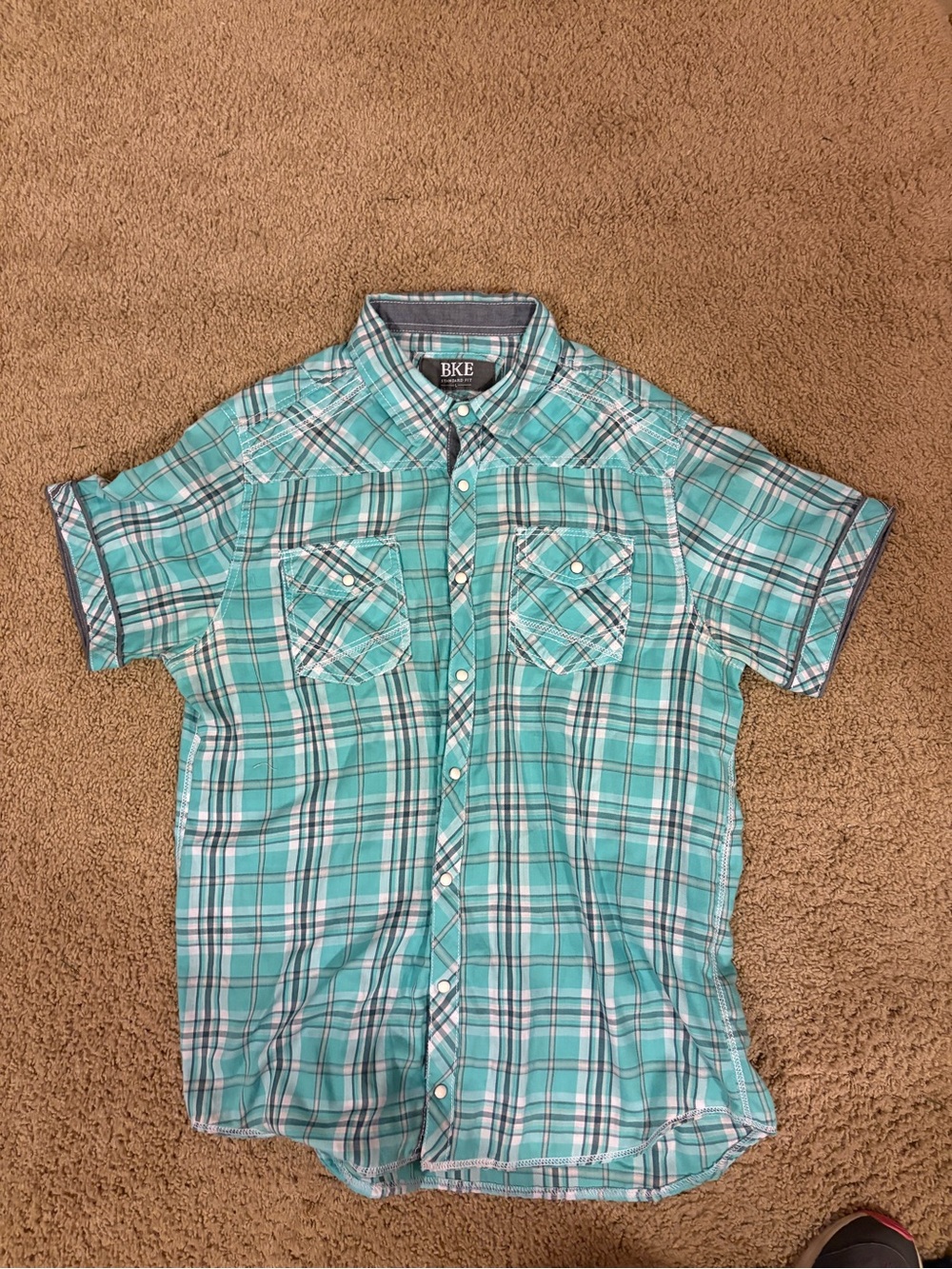 BKE Teal Plaid Short-Sleeve Button-Down Shirt